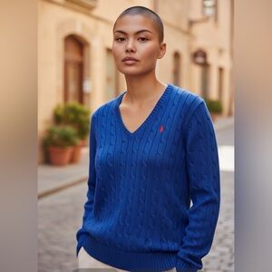 Ralph Lauren Womens Cable knit V-Neck Sweater in Blue Medium